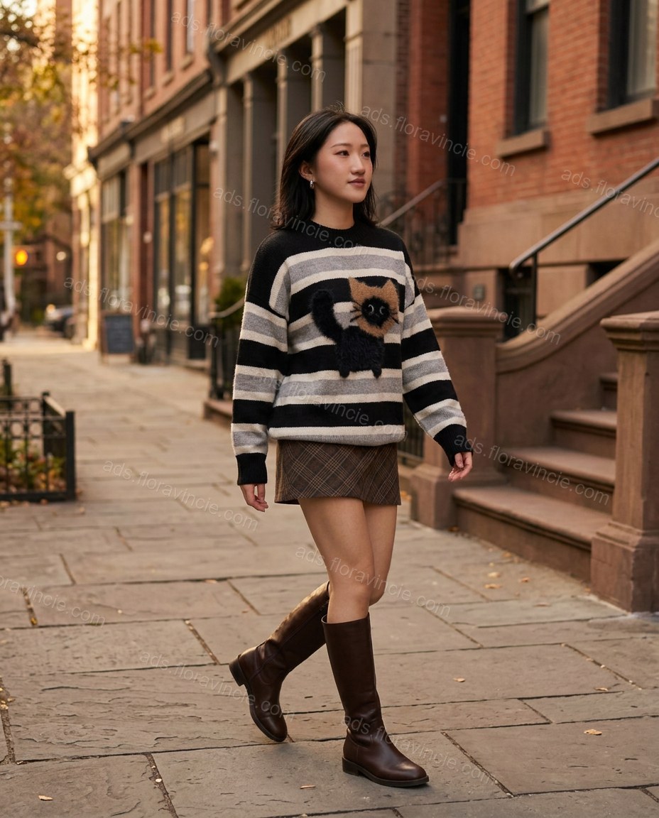 Black Striped Knit Ribbed Top & Skirt Set, alternate use-case lifestyle view, by ads.floravincie.com