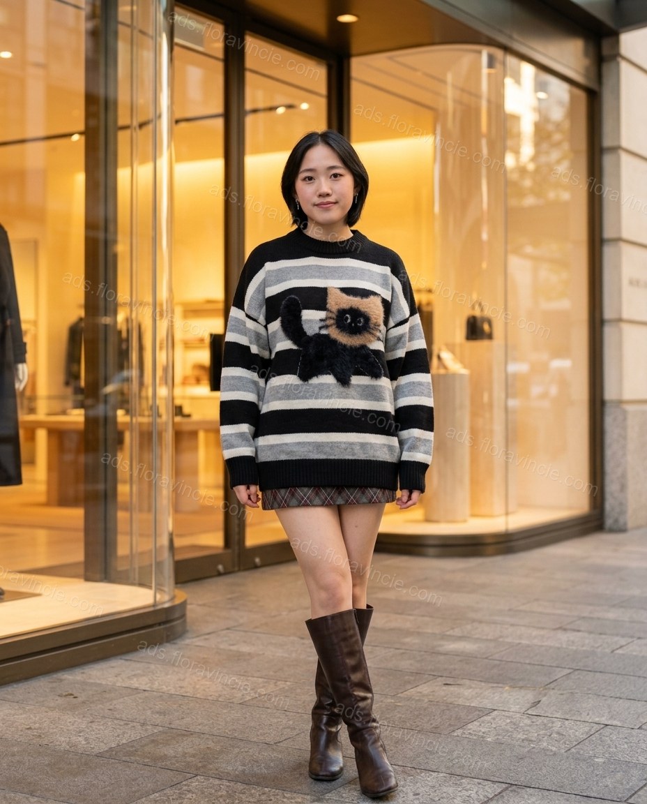 Black Striped Knit Ribbed Top & Skirt Set, three-quarter brand lifestyle view, by ads.floravincie.com