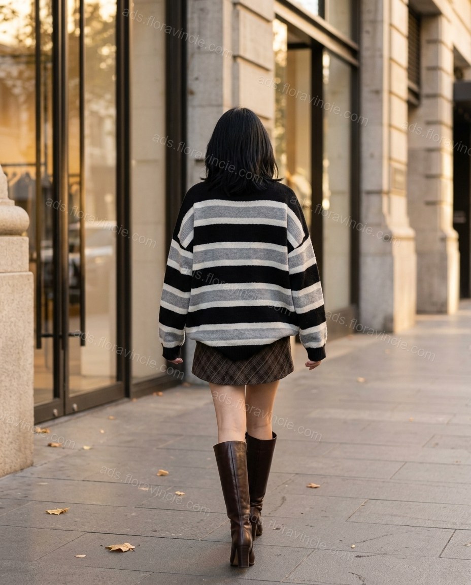 Black Striped Knit Ribbed Top & Skirt Set, movement and fit lifestyle view, by ads.floravincie.com