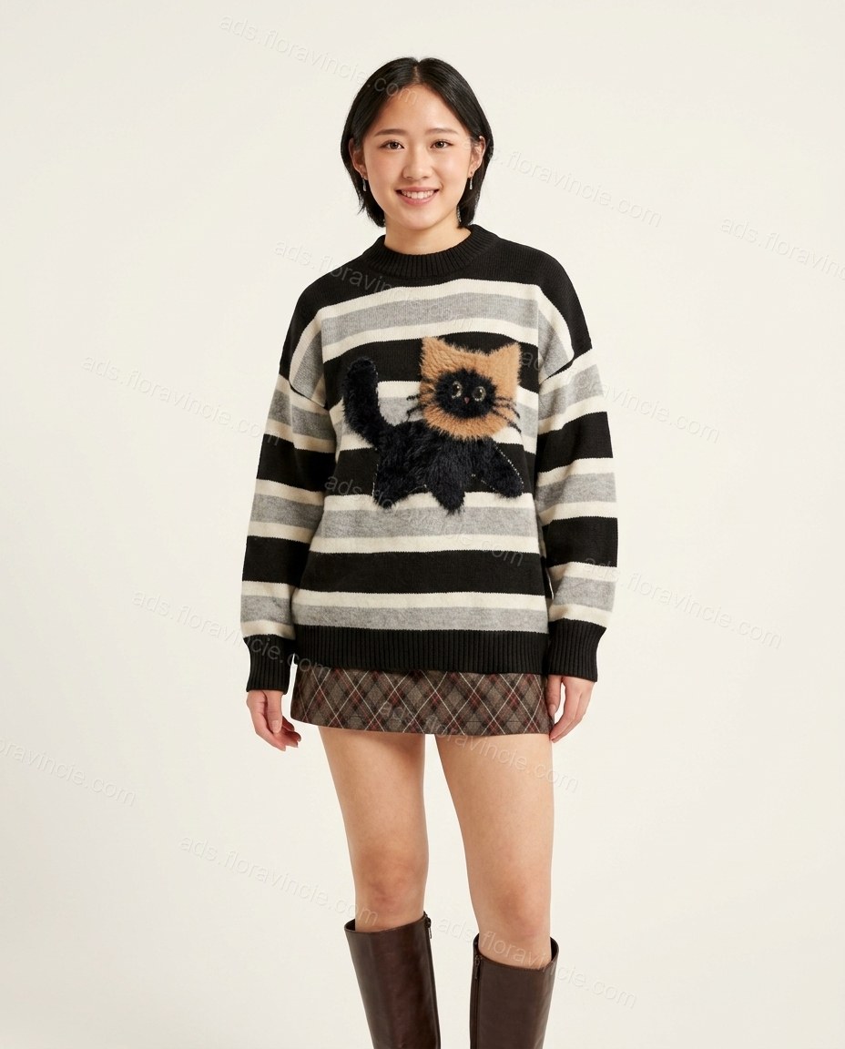 Black Striped Knit Ribbed Top & Skirt Set, front studio view, by ads.floravincie.com