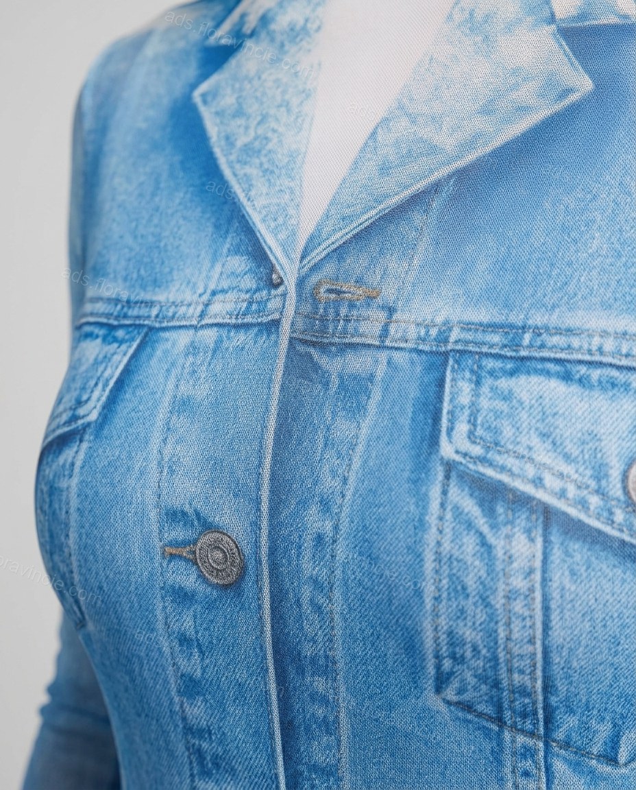 Blue Denim Dress, close-up of white and beige accents, trompe l'oeil denim print and mock-neck, by ads.floravincie.com