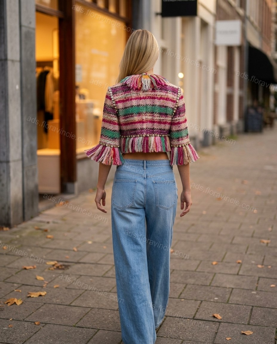 Multi-Color Plaid Rhinestone Fringe Jacket, alternate use-case lifestyle view, by ads.floravincie.com