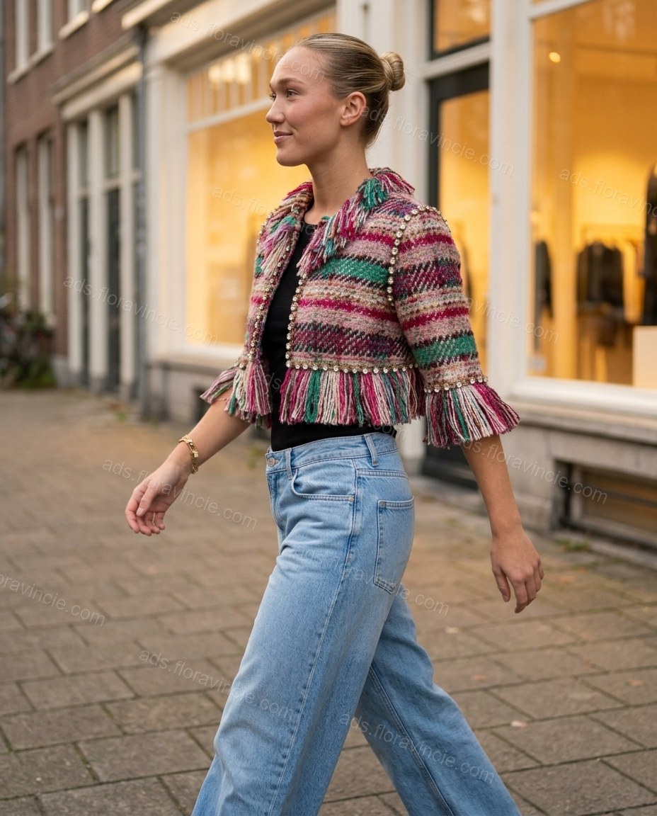 Multi-Color Plaid Rhinestone Fringe Jacket, walking lifestyle view, by ads.floravincie.com