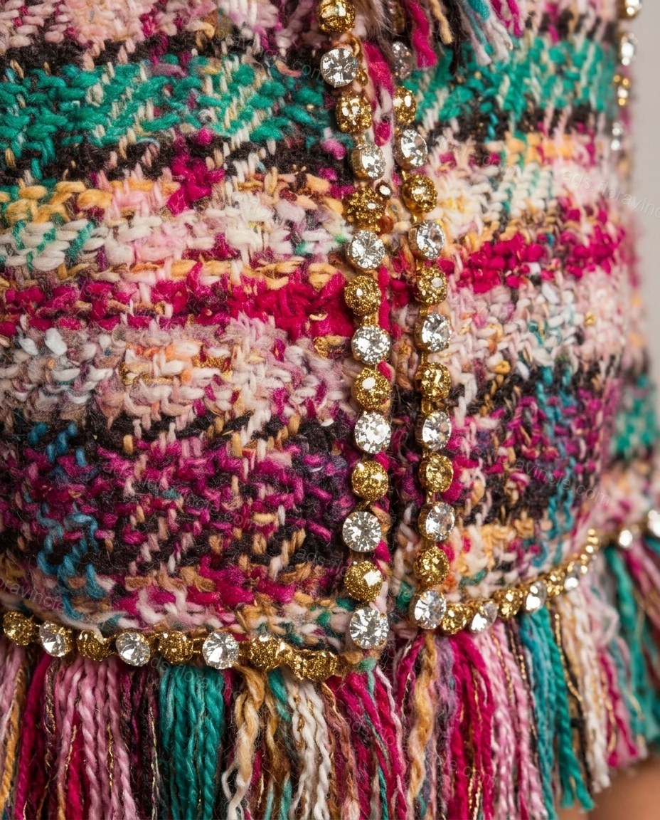 Multi-Color Plaid Rhinestone Fringe Jacket, close-up of plaid, by ads.floravincie.com