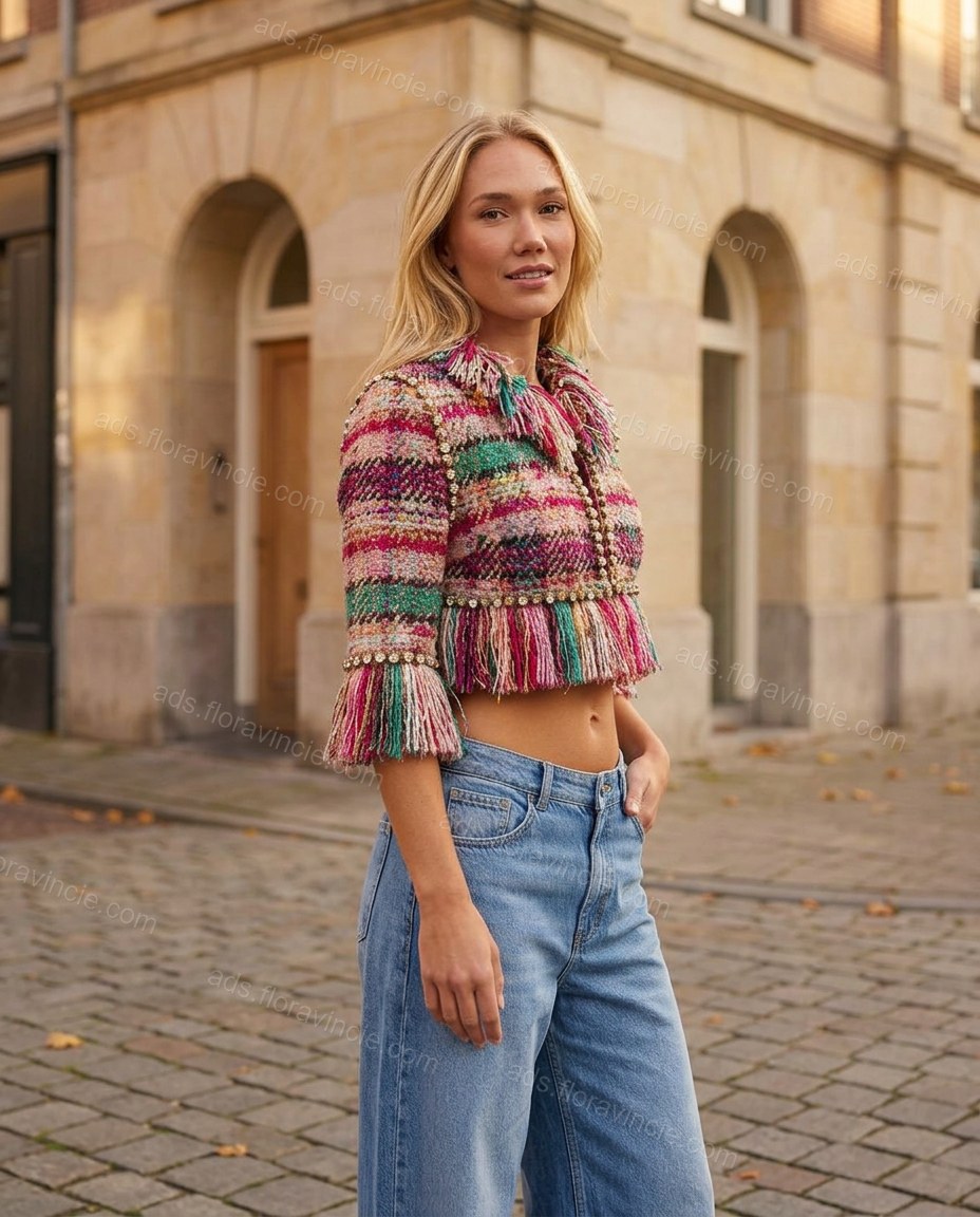 Multi-Color Plaid Rhinestone Fringe Jacket, full-length hero view, by ads.floravincie.com