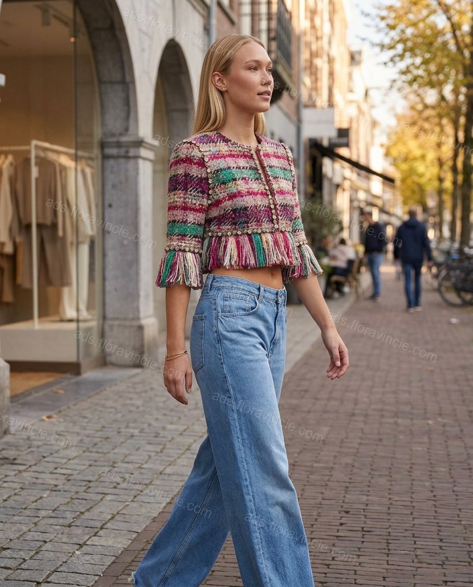 Multi-Color Plaid Rhinestone Fringe Jacket, three-quarter brand lifestyle view, by ads.floravincie.com