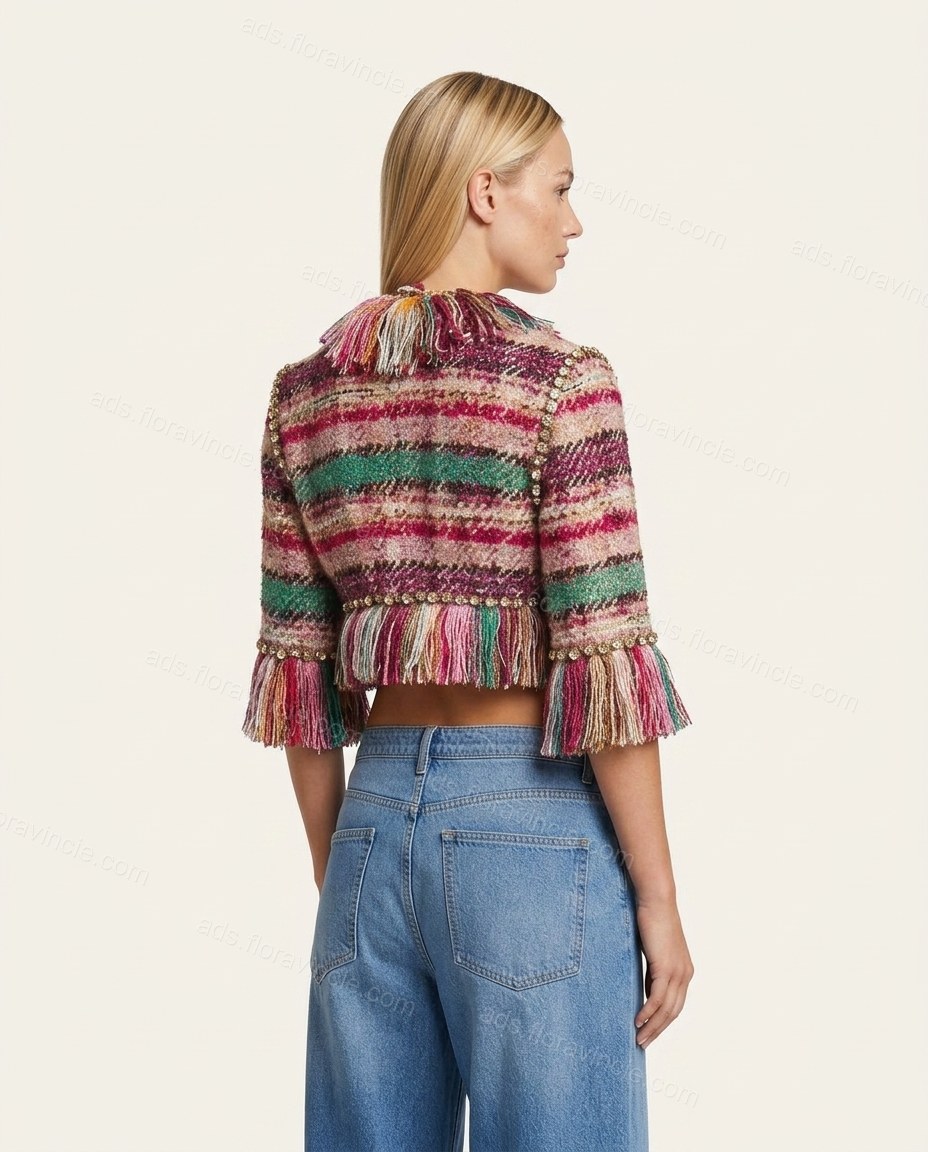 Multi-Color Plaid Rhinestone Fringe Jacket, back studio view, by ads.floravincie.com