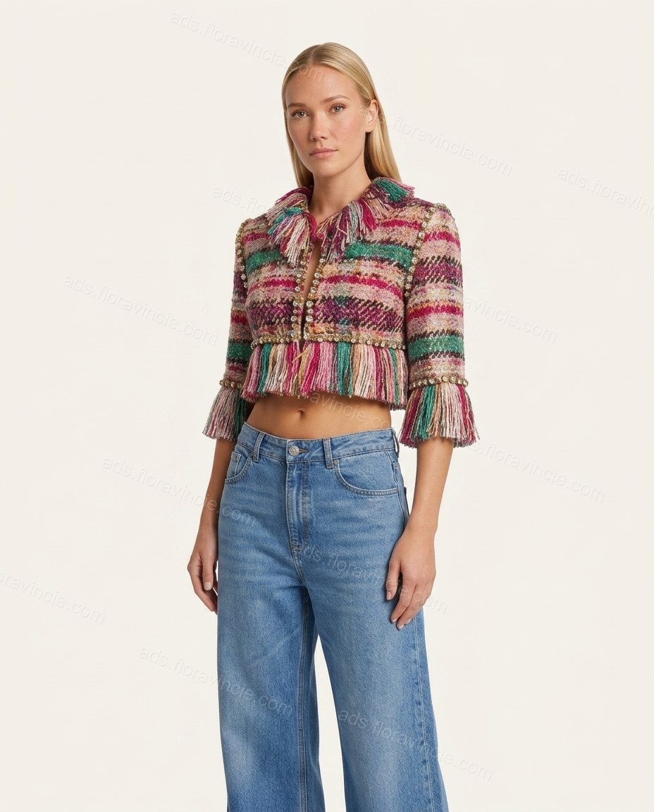 Multi-Color Plaid Rhinestone Fringe Jacket, front studio view, by ads.floravincie.com