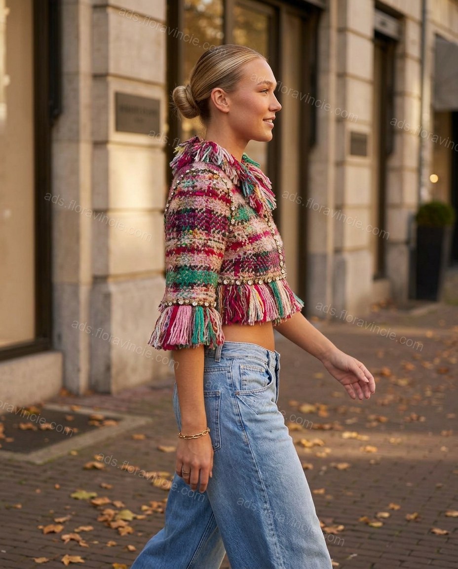 Multi-Color Plaid Rhinestone Fringe Jacket, movement and fit lifestyle view, by ads.floravincie.com