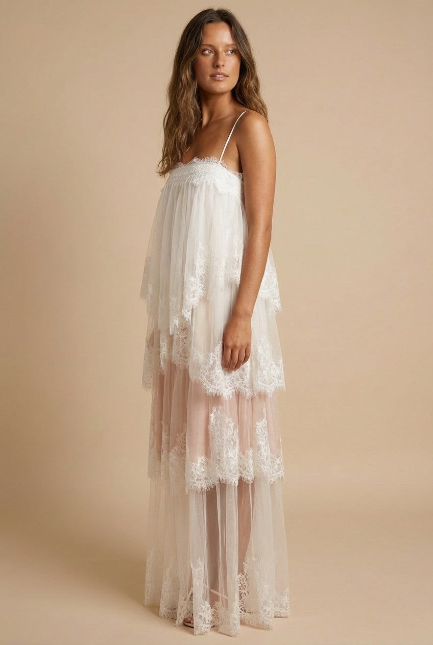 White Lace and Tulle Tiered Maxi Dress Scalloped Bridal Vibe