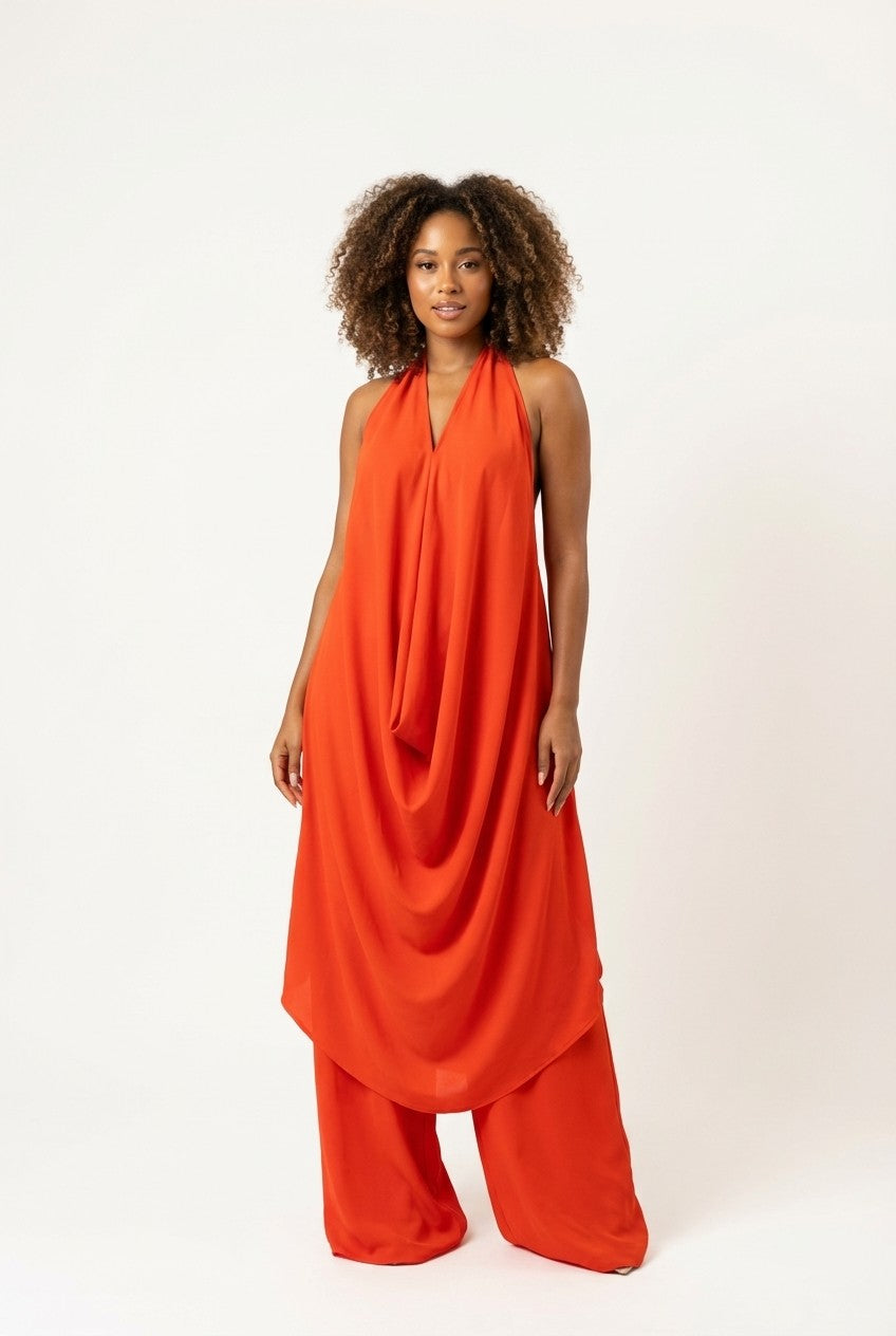 Draped Chiffon Halter Tunic and Wide Leg Pants Set, Resort Chic
