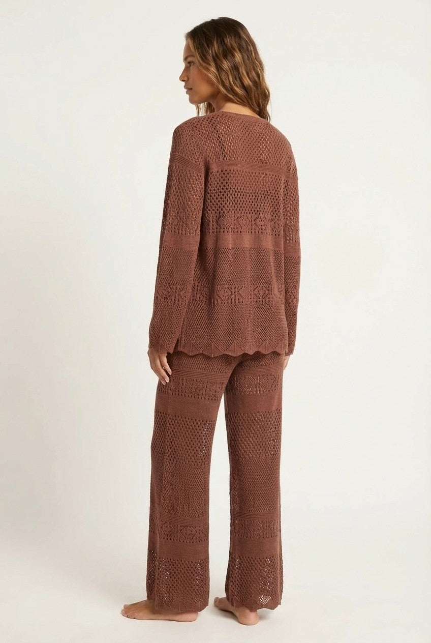 Boho Open-Knit Cardigan and Pants Set, Tassel Tie Loungewear