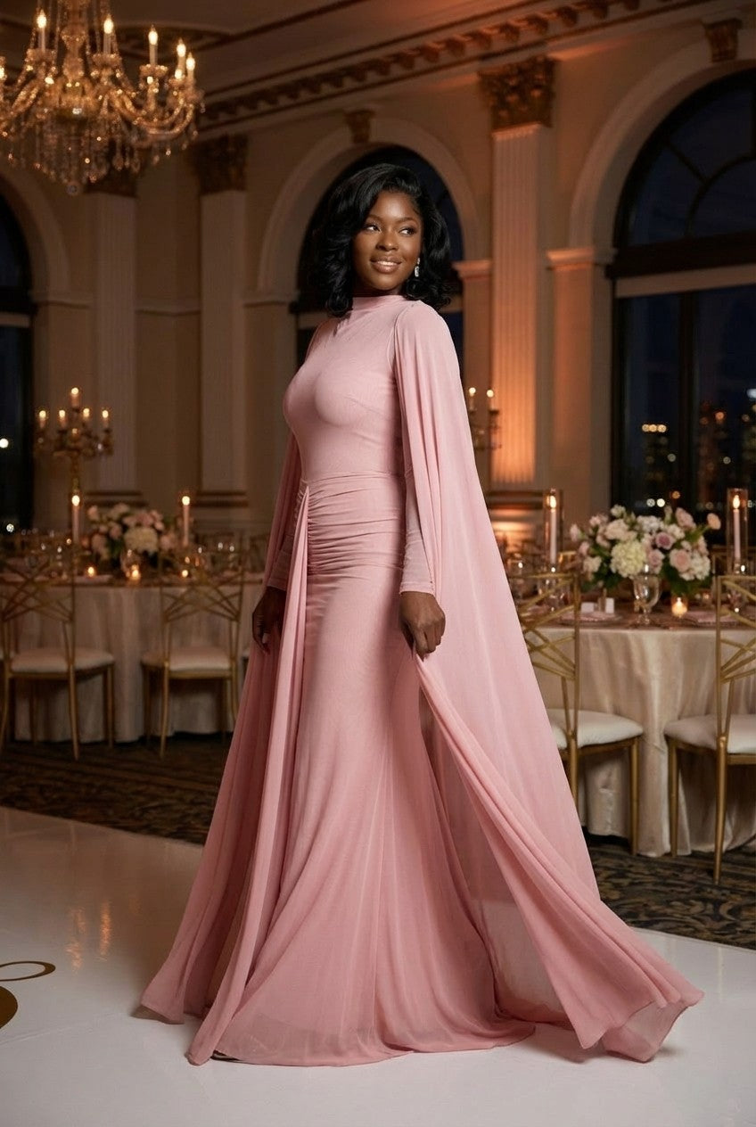 Ruched Mesh Floor-Length Gown with Cape Sleeves Evening Dress