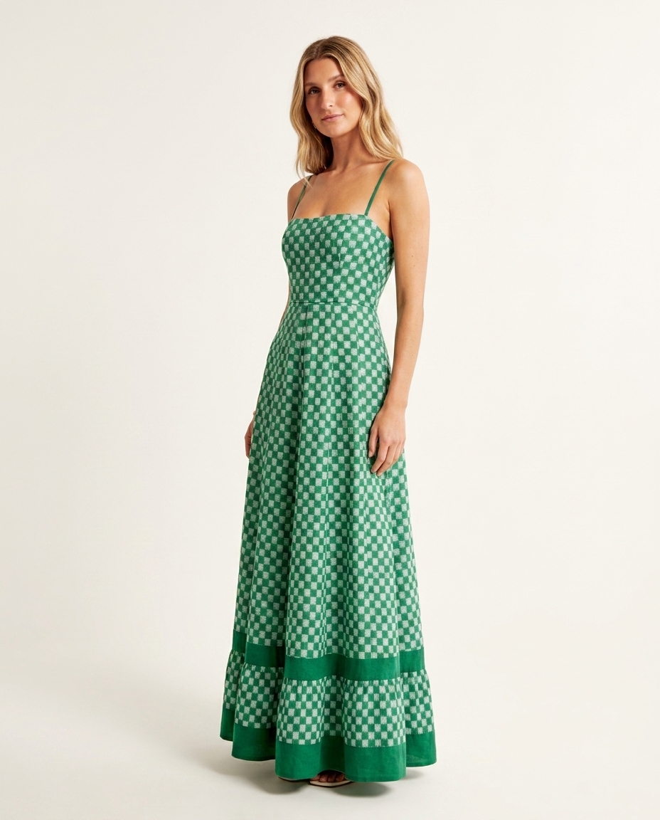 Coastal Check Print Strapless A-Line Dress