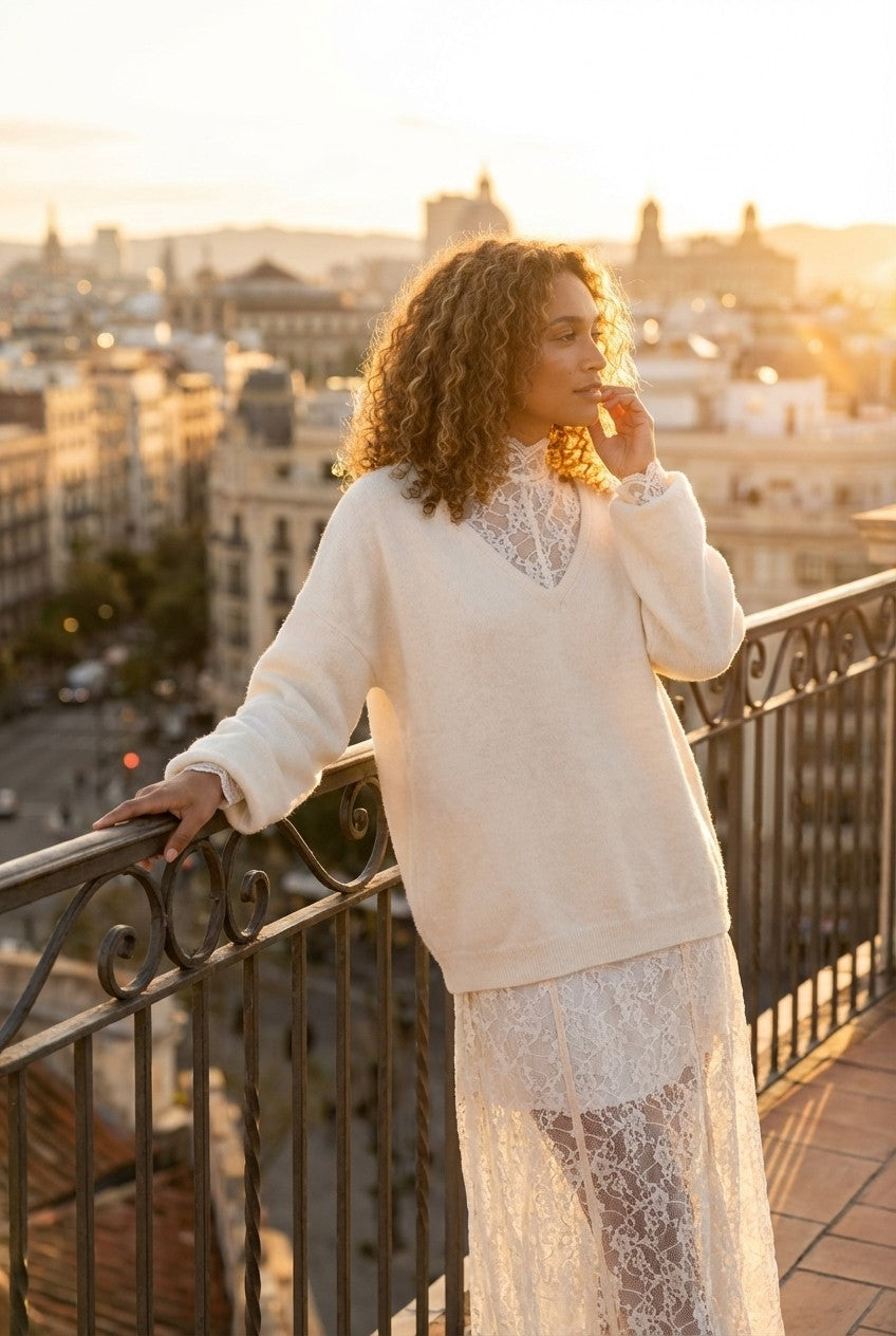 Soft Knit Sweater and Floral Lace Maxi Dress Set, Cream White