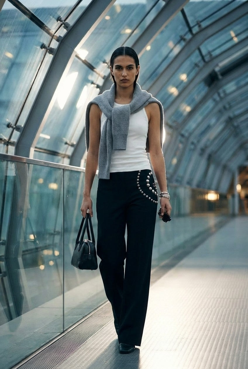 Studded Wide-Leg Cotton Pants With Silver Embellishments