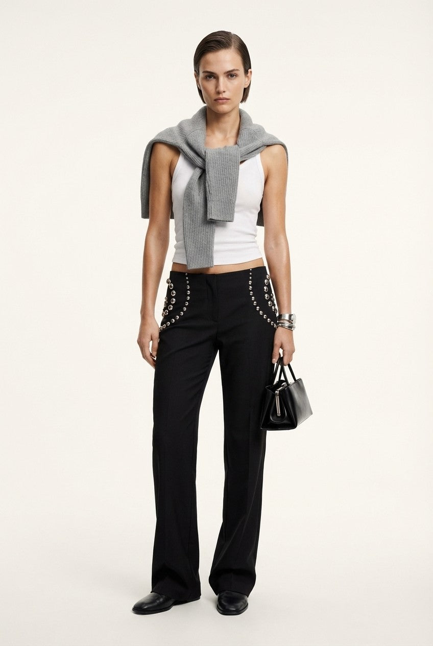 Studded Black Tailored Trousers, Slim Straight Fit, Edgy Chic