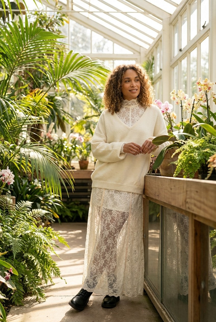 Soft Knit Sweater and Floral Lace Maxi Dress Set, Cream White