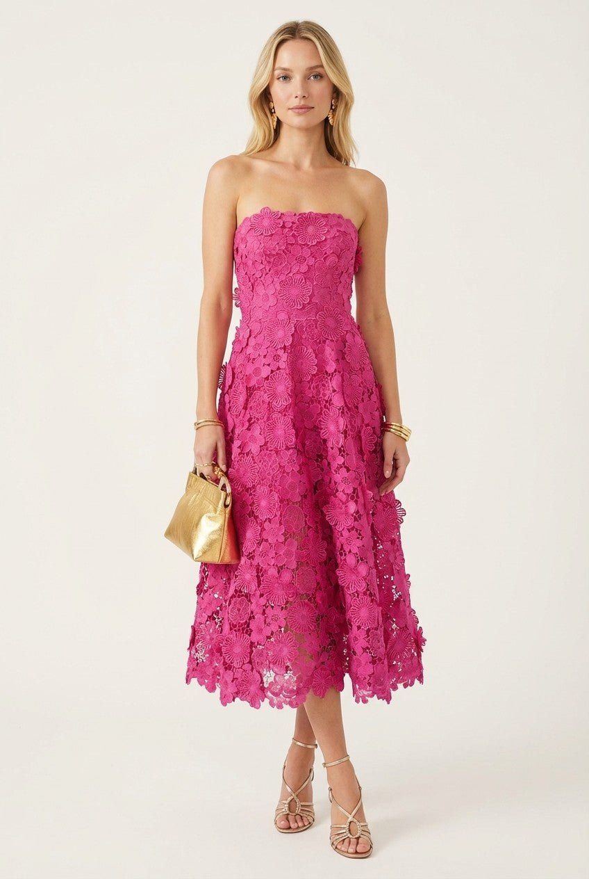 3D Floral Lace Strapless Midi Dress, Elegant A-Line Evening Style