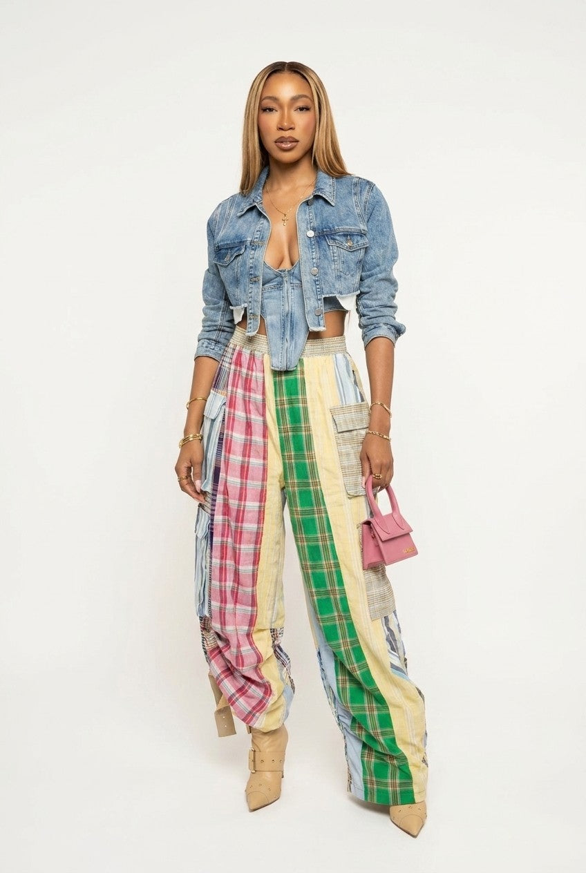 Plaid patchwork wide-leg pants