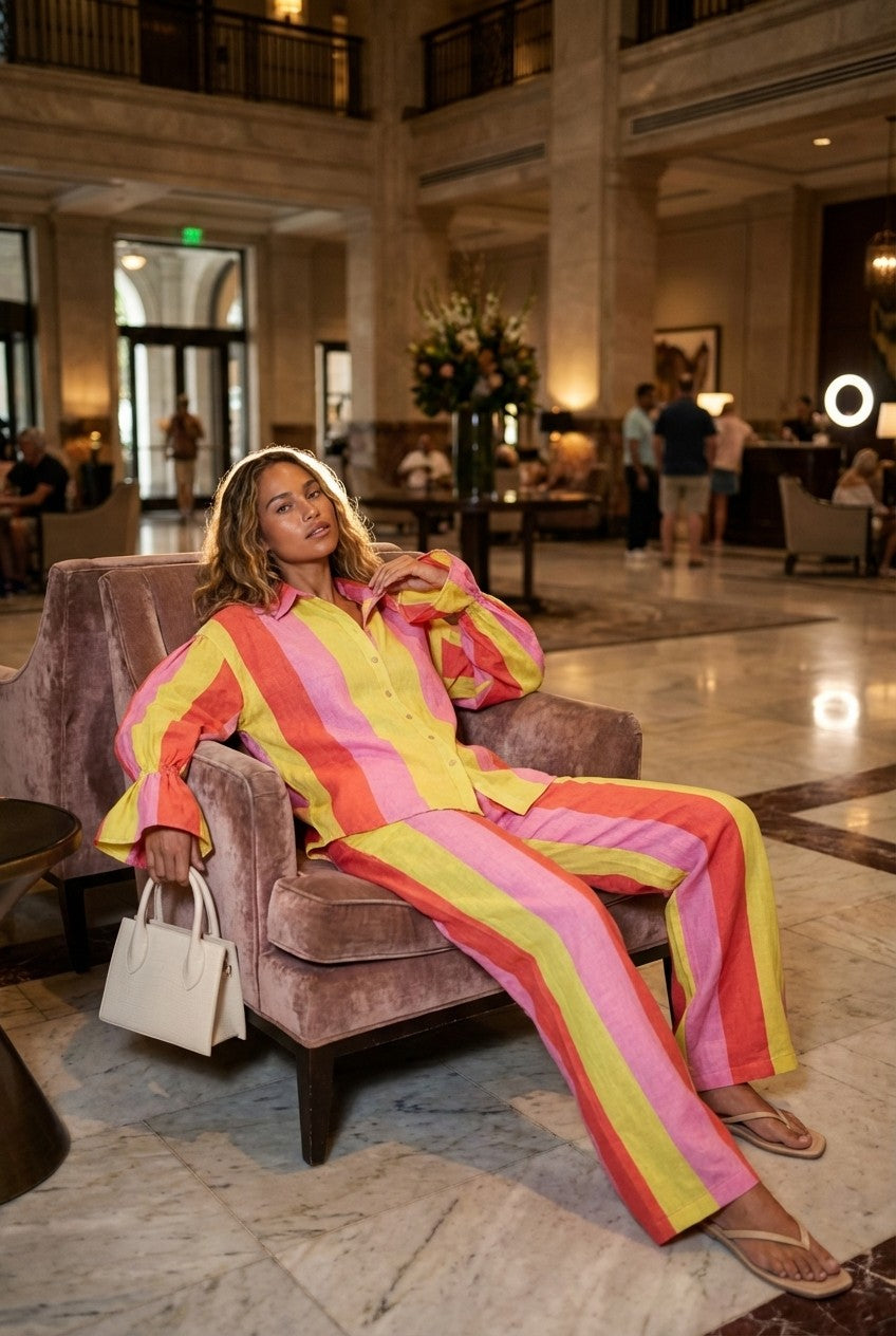 Striped Linen Shirt and Wide Leg Pants Set Relaxed Resort Wear