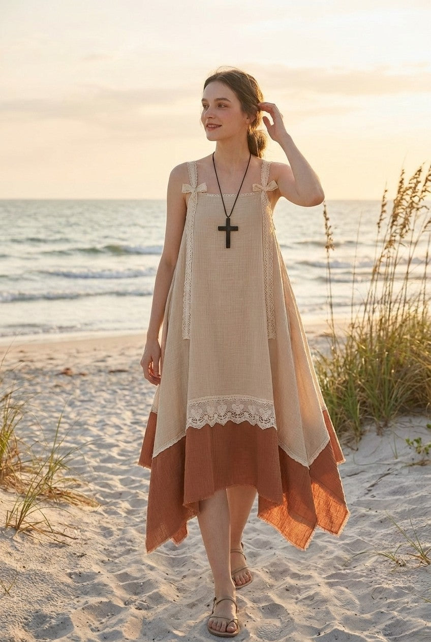 Boho Cotton Gauze Lace Maxi Dress