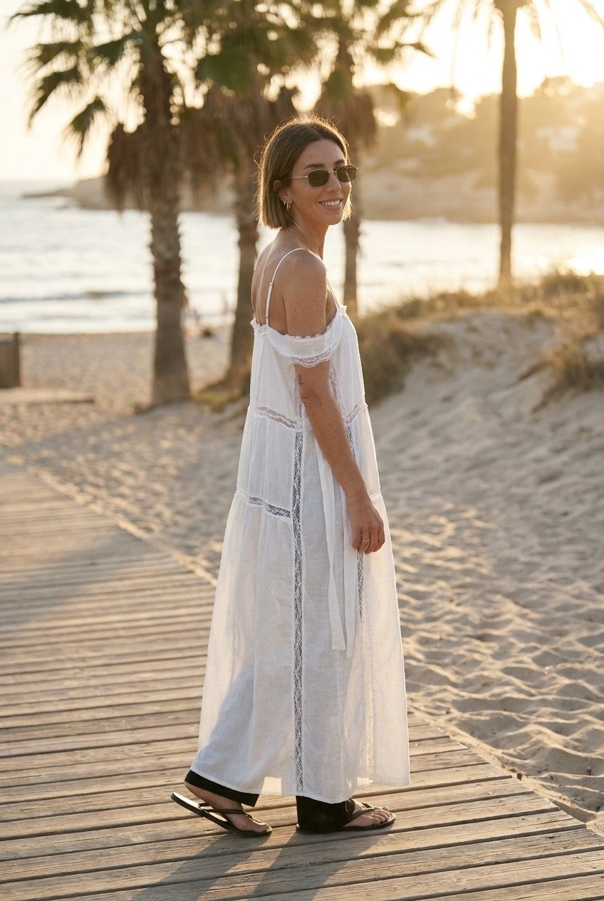 Lace-Inset Linen Maxi Dress