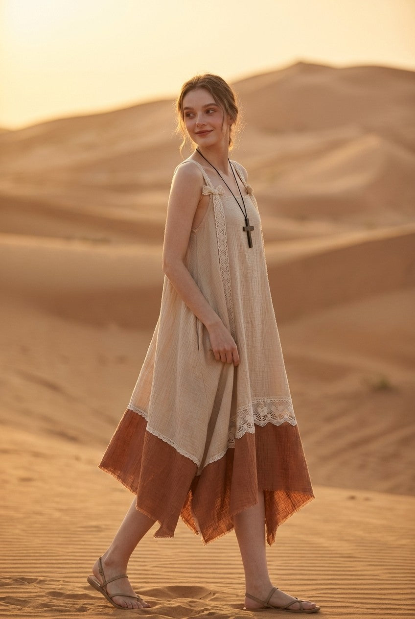 Boho Cotton Gauze Lace Maxi Dress