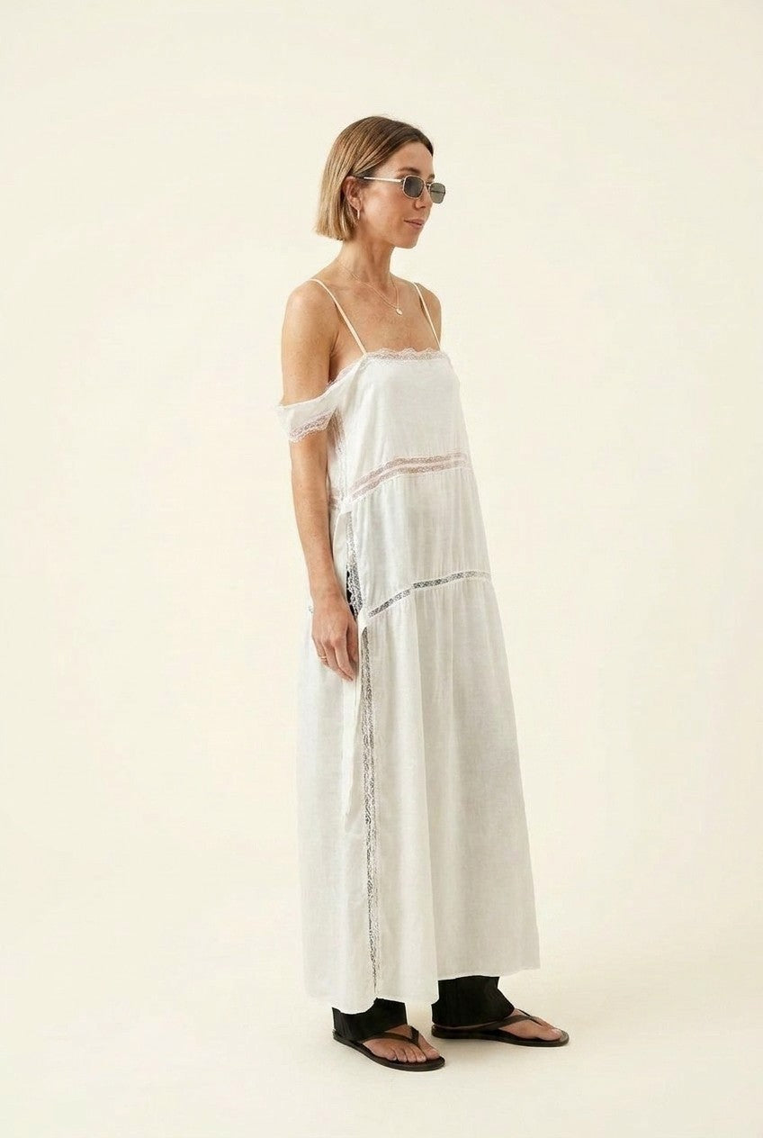 Lace-Inset Linen Maxi Dress