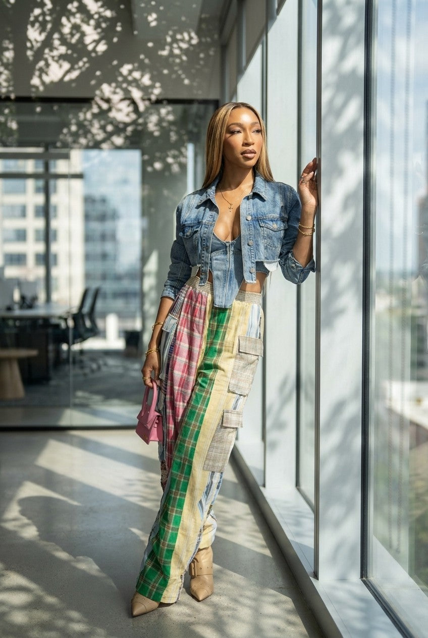Plaid patchwork wide-leg pants