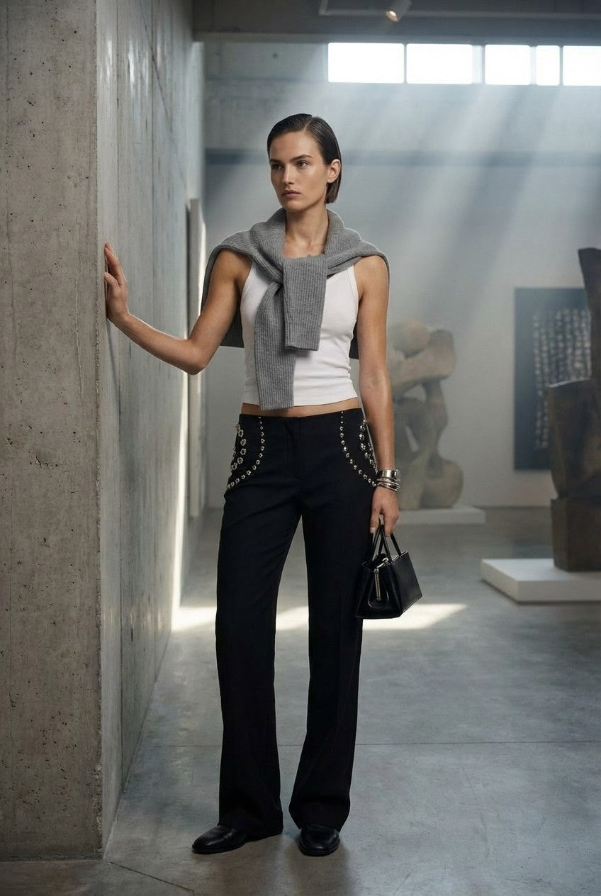 Studded Black Tailored Trousers, Slim Straight Fit, Edgy Chic