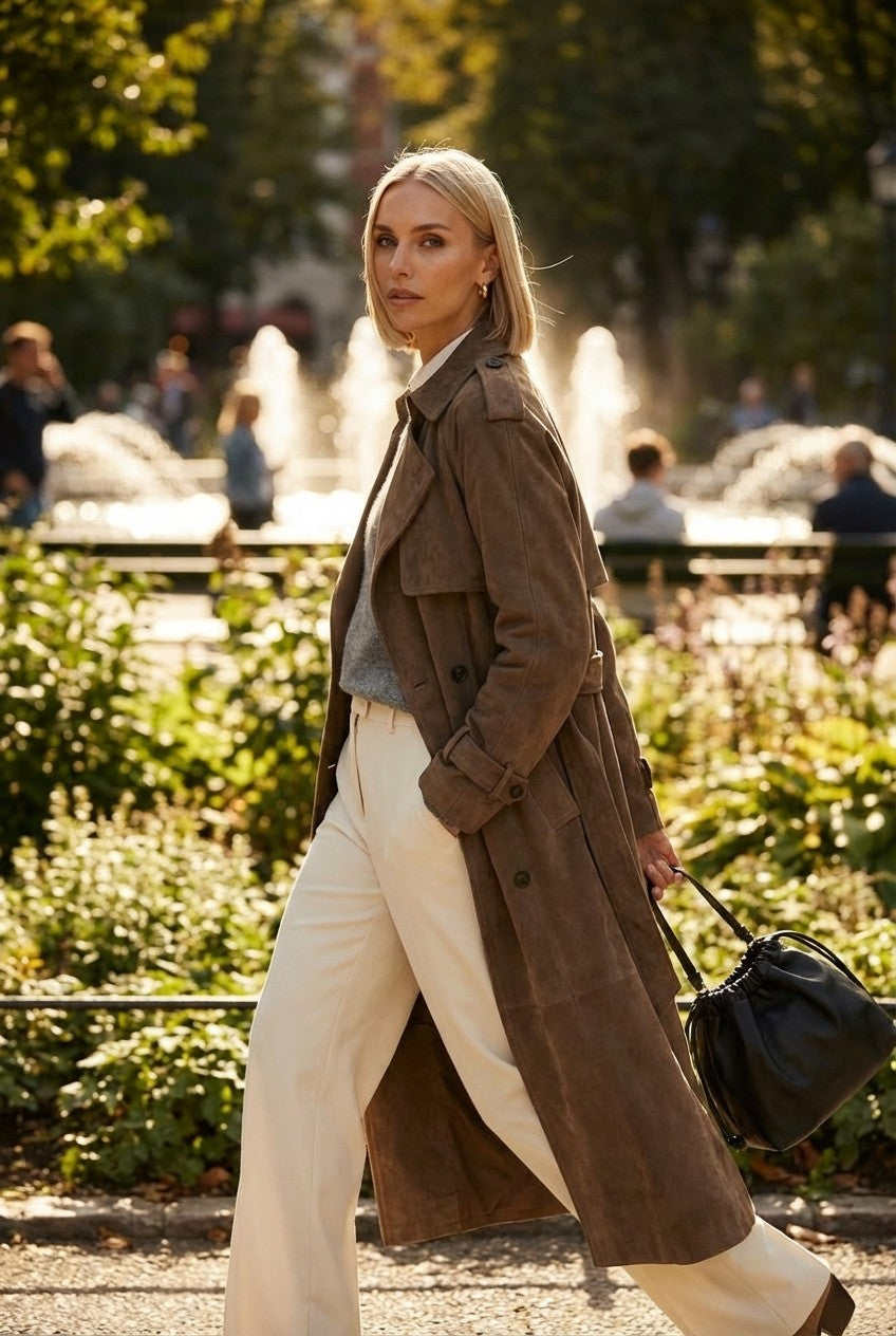 Soft Suede Trench Coat Double Breasted Long Classic Outerwear