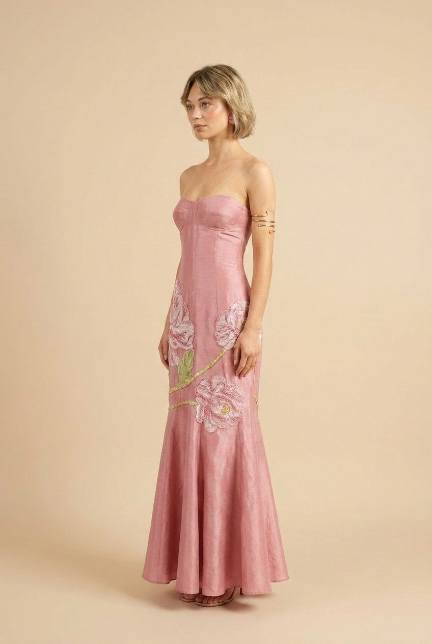 Strapless Embroidered Corset Maxi Dress