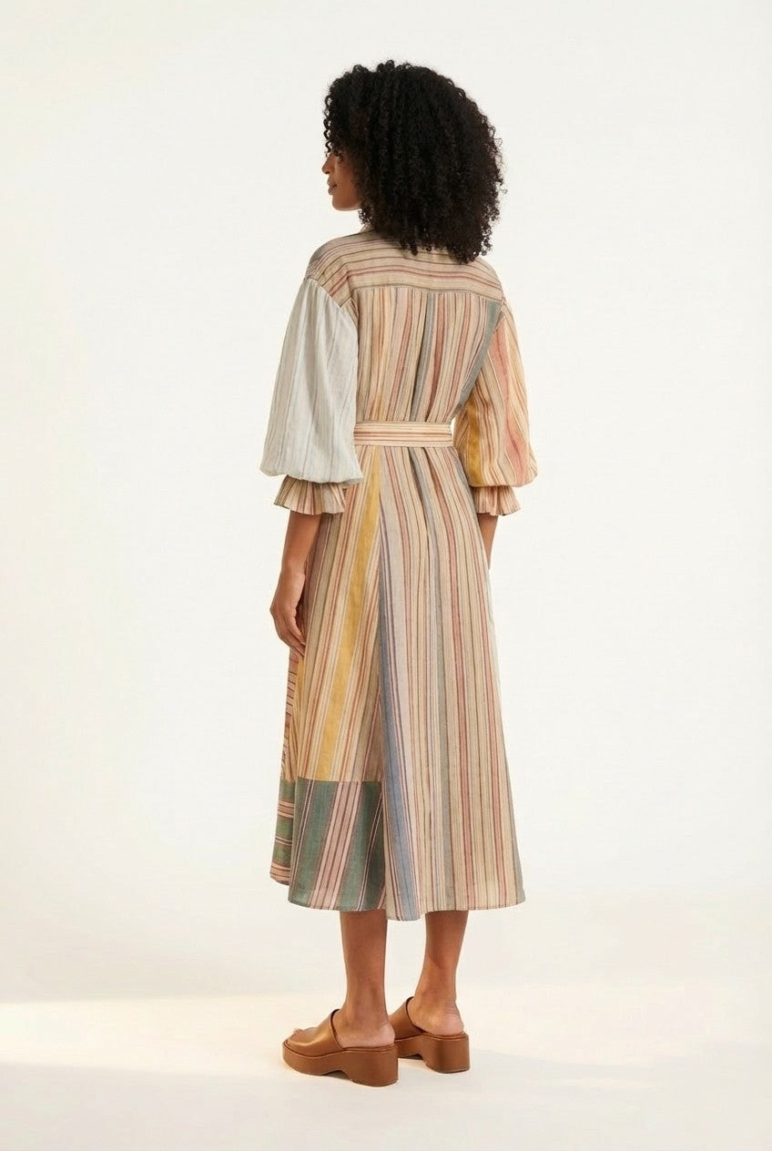 Striped Linen Blend Puff Sleeve Midi Shirt Dress Tie Waist