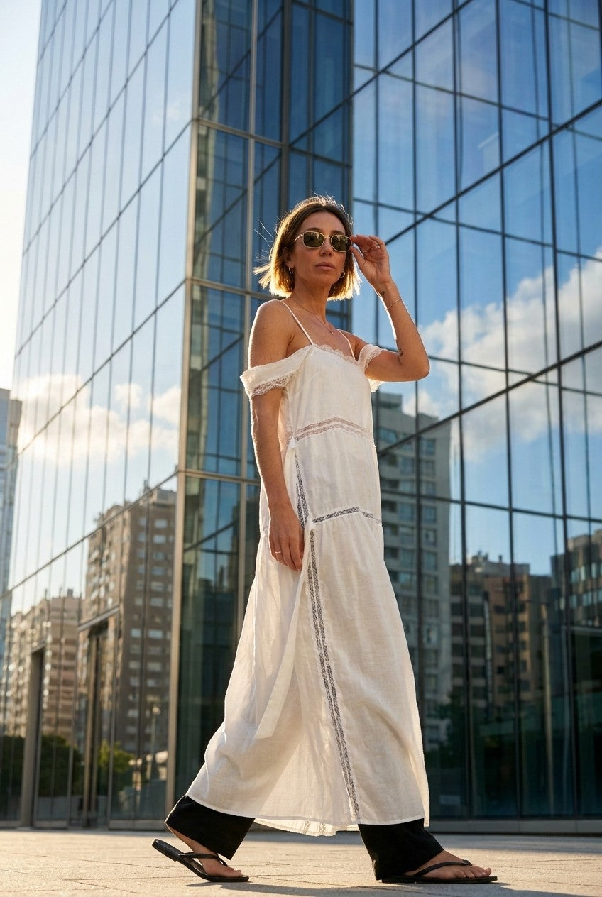 Lace-Inset Linen Maxi Dress