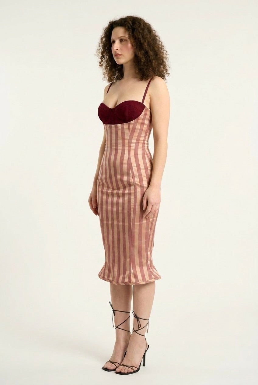 Striped Satin Midi Dress 