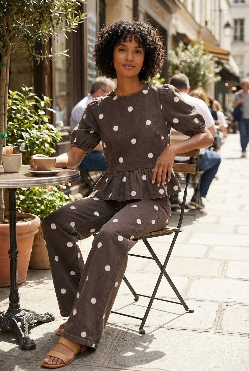 Women's Polka Dot Peplum Blouse and Wide Leg Pants Set