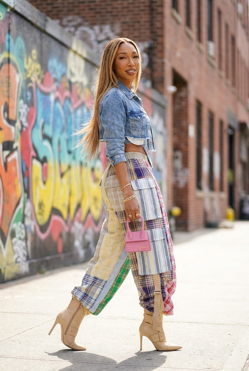 Plaid patchwork wide-leg pants