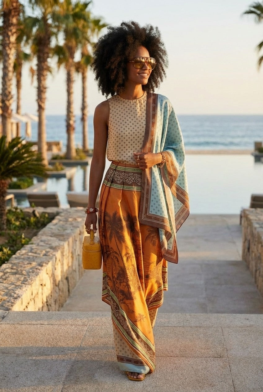 Polka Dot Blouse and Tropical Wide Leg Pants Resort Set