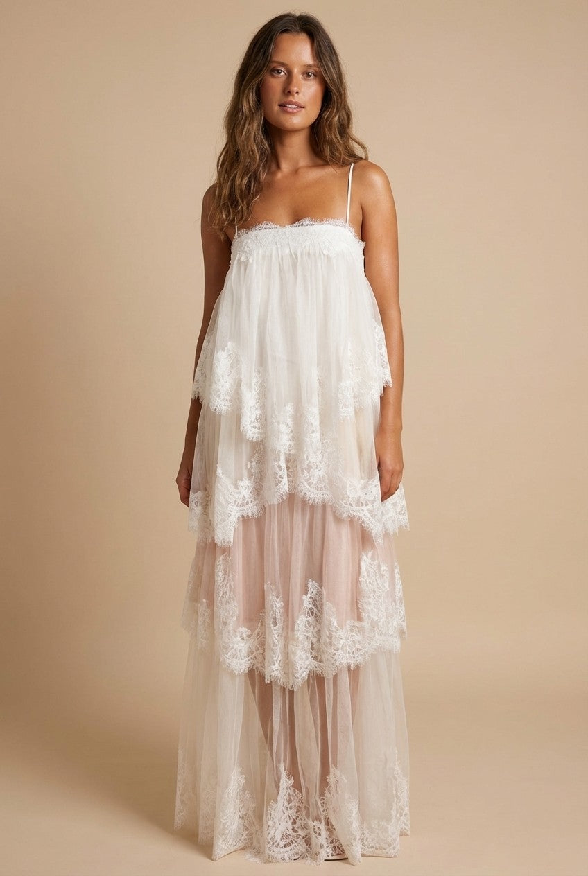 White Lace and Tulle Tiered Maxi Dress Scalloped Bridal Vibe