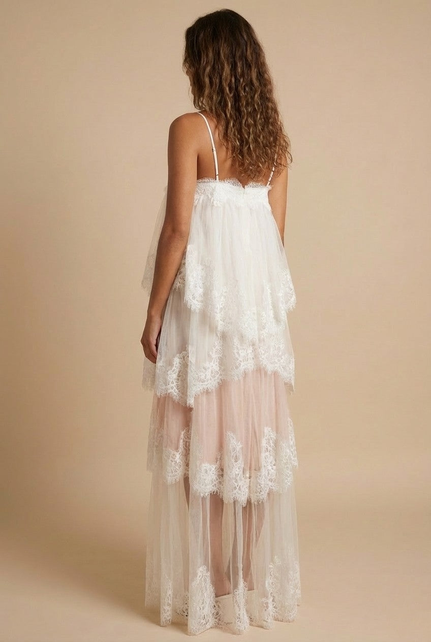 White Lace and Tulle Tiered Maxi Dress Scalloped Bridal Vibe