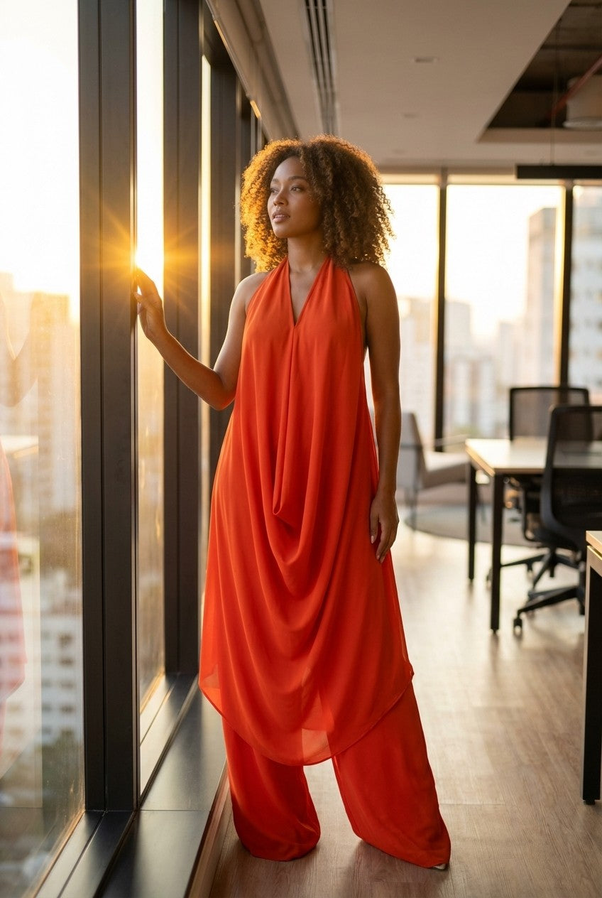 Draped Chiffon Halter Tunic and Wide Leg Pants Set, Resort Chic