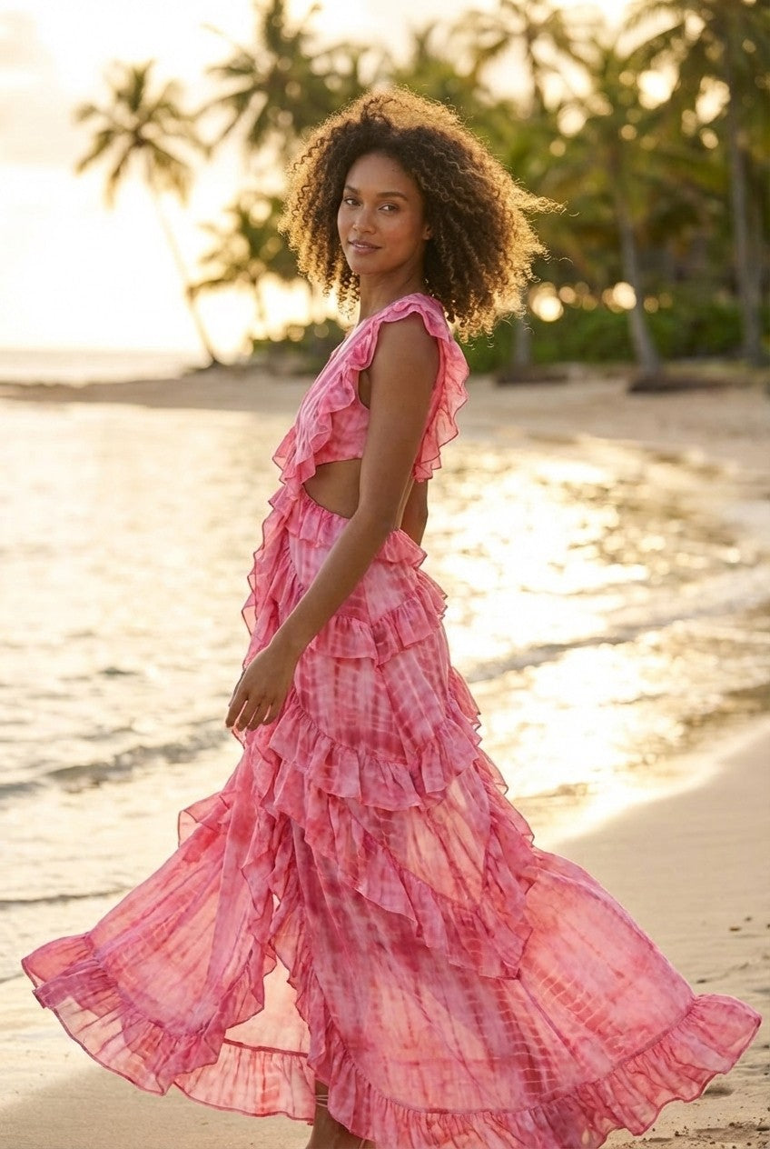 Pink Tie-Dye Ruffle Maxi Dress Ring Detail Cutout Vacation Gown