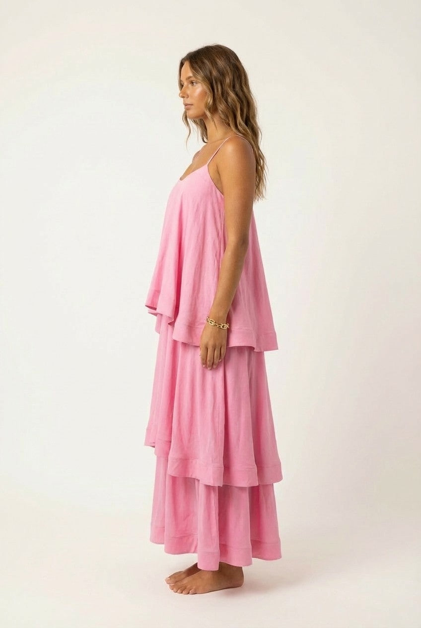 Blossom Pink Tiered Maxi Dress Flowy Spaghetti Strap Resort Style