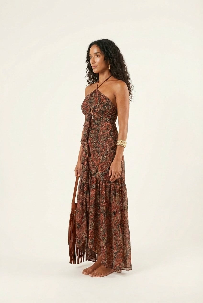Paisley Halter Maxi Dress With Ruffle Detail Boho Resort Style