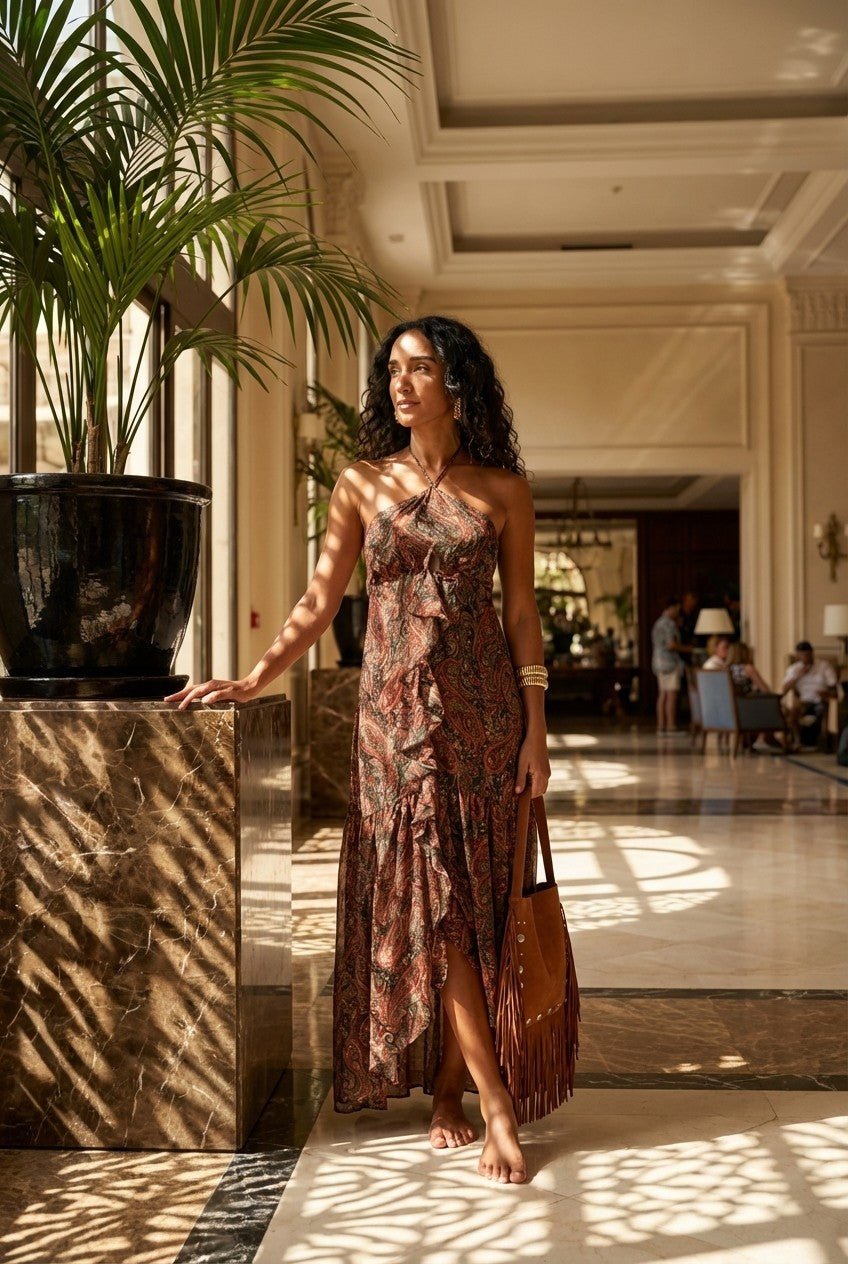 Paisley Halter Maxi Dress With Ruffle Detail Boho Resort Style