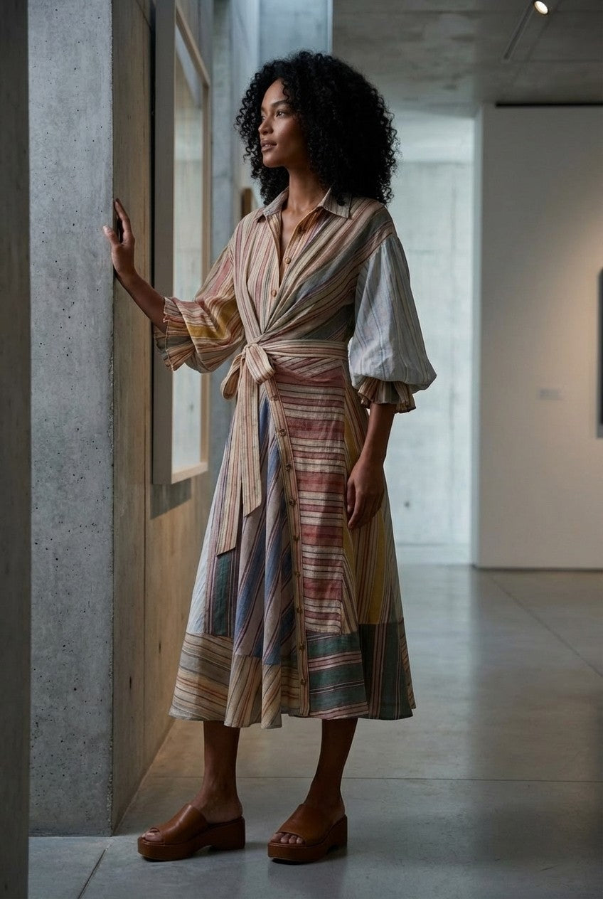 Striped Linen Blend Puff Sleeve Midi Shirt Dress Tie Waist