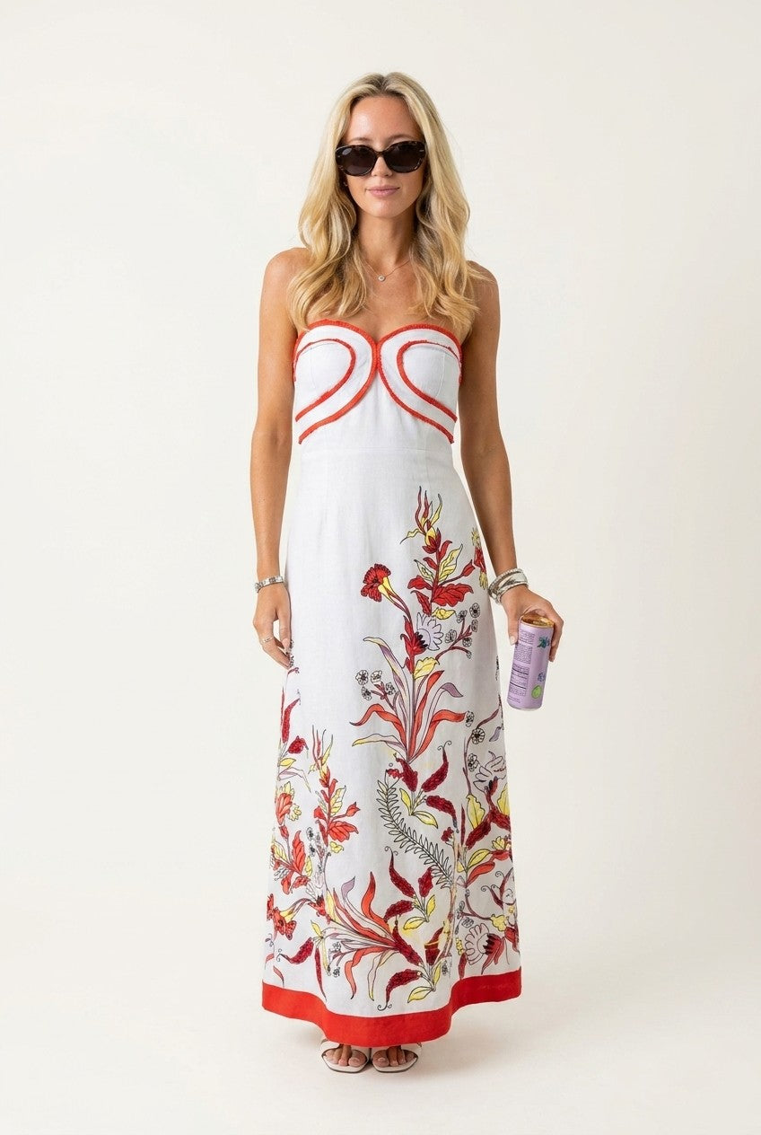 Floral Linen Strapless Maxi Dress