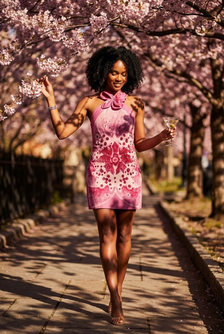 Linen Blend Orchid Print Halter Mini Dress with Floral Detail
