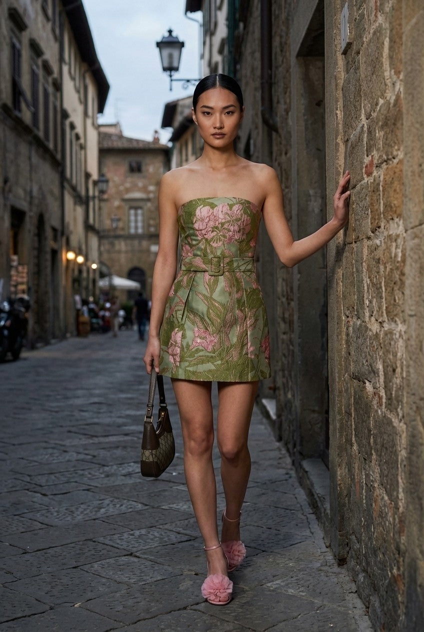 Floral Jacquard Strapless Mini Dress With Belted Waist